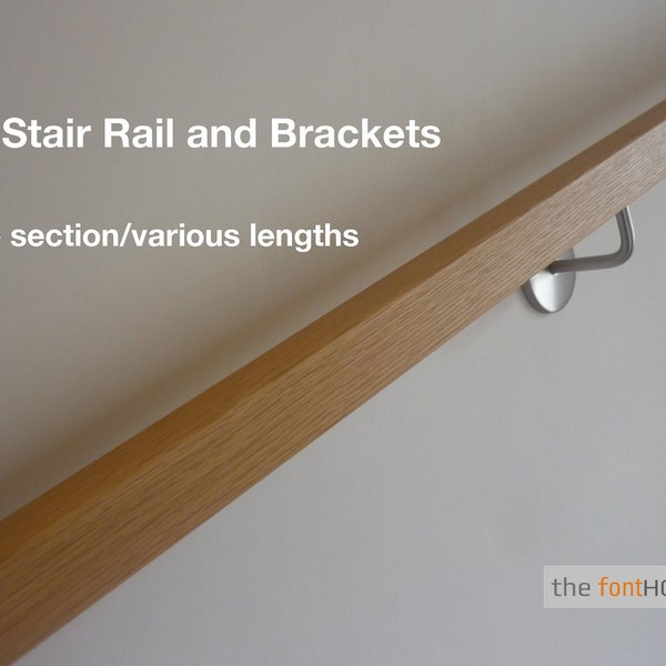 Modern Square section SOLID OAK Handrail with Stainless Steel or Matt Black Brackets - long length wood handrail - Oak bannister