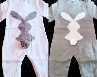 Bunny manches longues Easter Romper, garçon, fille tenue unisexe, frères et sœurs, jumeaux, Blanc gris neutre