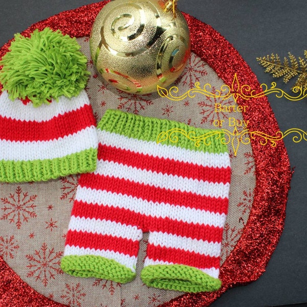 Christmas Color 2 piece Hat & Pant Outfit, photo prop, Crocheted, Holiday costume baby boy or girl, pom pom