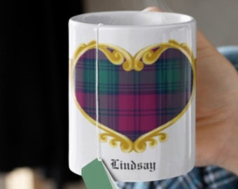 Clan Lindsay tartan coffee mug, Green and purple plaid mug, Scottish tartan mug