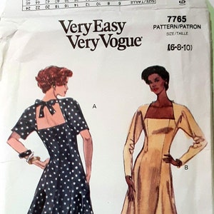 1990 Vogue 7765 sz 6 Flared Dress with princess seams, square neckline, back tie