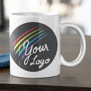 Custom Coffee Mug with Your Company Logo, Branding, or Message. 11 oz & 15 oz Personalized Coffee Cups. Corporate Promotional Gift with Logo