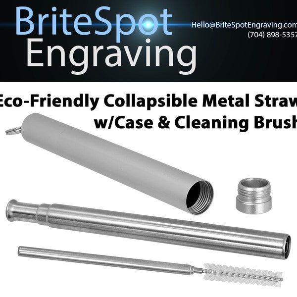 Stainless Steel Metal Straw w/Case and Cleaning Brush | Eco-Friendly Collapsible Telescoping Straw | Custom Laser Engraved Straw Case Option