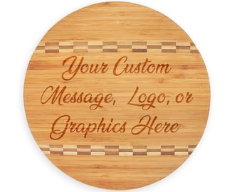 Round Bamboo Cutting Board | Custom Laser Engraved Serving Tray with Butcher Block Inlay | Personalized Bamboo Cutting Board