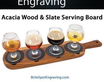 Custom Acacia Wood & Slate Cutting Board | Laser Engraved Serving Tray | Personalized Paddle Shaped Serving Board