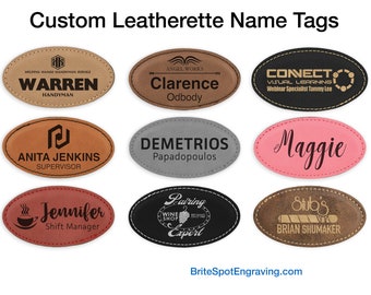 Custom Leatherette Name Tags | Personalized Faux Vegan Leather Name Badges with Magnetic Clasp from Brite Spot Engraving