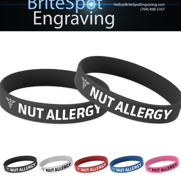 Nut Allergy Medical Alert ID Wristband | Silicone Rubber Bracelets for those with Nut Allergies | Caduceus Symbol