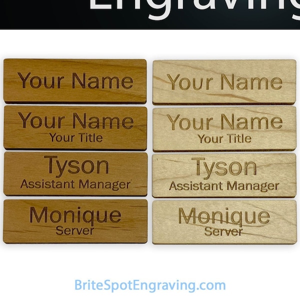 Personalized Wooden Name Badges | Custom Laser Engraved Name Tags with Magnetic or Pin-Style Clasp by Brite Spot Engraving