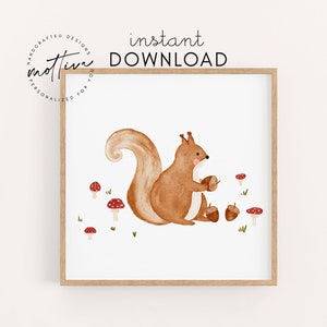 Cartel infantil ardilla descarga instantánea cartel de la habitación de los niños animales del bosque imprimir cartel animal regalo setas otoño imagen habitación del bebé archivo digital