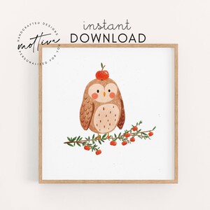 Póster infantil de búho, descarga instantánea, búho en manzano, guardería, regalo para bebé, imagen de cumpleaños infantil para el aula, archivo digital