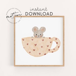 El ratón del cartel de los niños mira fuera de la taza descarga instantánea del cartel de la habitación de los niños impresión del cartel del animal regalo del cumpleaños de los niños hora del té bebé archivo digital