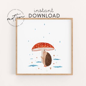Póster infantil de erizo con paraguas de setas descargar imagen de otoño para la habitación de los niños póster de animales regalo para bebé cumpleaños infantil archivo digital