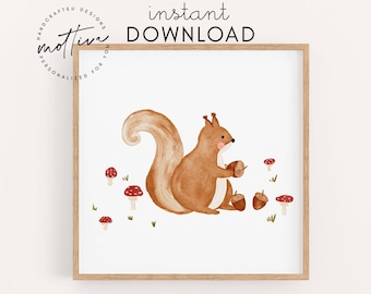 Children's poster squirrel instant download children's room poster forest animals print animal poster gift mushrooms autumn picture baby room digital file