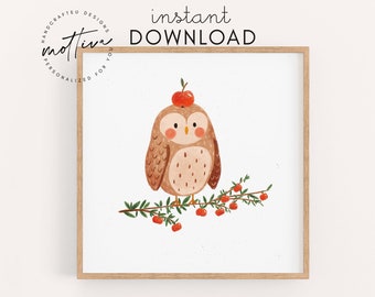 Children's poster owl instant download owl on apple tree children's room baby gift children's birthday picture for the classroom digital file