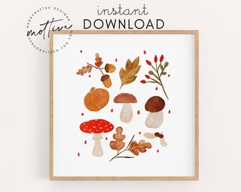 Children's autumn picture instant download mushrooms leaves acorns rose hip pumpkin children's room baby gift children's birthday children's picture digital file