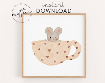 Children's poster mouse looks out of cup instant download children's room poster print animal poster gift children's birthday teatime baby digital file