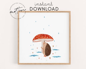 Hedgehog children's poster with mushroom umbrella download autumn picture for the children's room animal poster baby gift children's birthday digital file