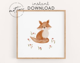 Fox children's poster with mushrooms download autumn picture for the children's room animal poster baby gift children's birthday digital file