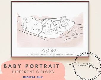 Baby Portrait • Your Baby Drawn in Lineart or Pencil Sketch • Birth Poster • Baby Poster • Digital File