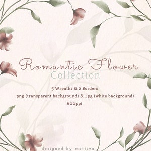 Könnte beinhalten: Aquarell-Blumendesign mit einem Kranz aus zarten rosa Blüten und grünen Blättern. Der Text "Romantic Flower Collection" ist in eleganter Schrift dargestellt, mit Details zu den enthaltenen Kränzen und Bordüren.