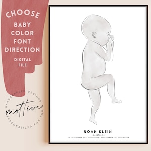GEBURTSPOSTER im Maßstab 1:1,  Neugeborenen Illustration, Personalisiertes Geburt Poster, Baby Poster, birth print, digitale Datei JPG & PDF