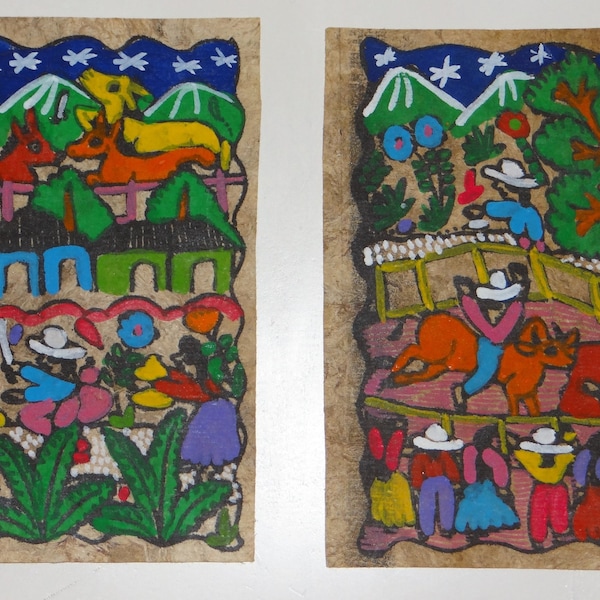 Set of 2 Mexican naive paintings on amate paper, scenes of daily life, vintage paintings, crafts from Mexico, Mexican amate vintage,