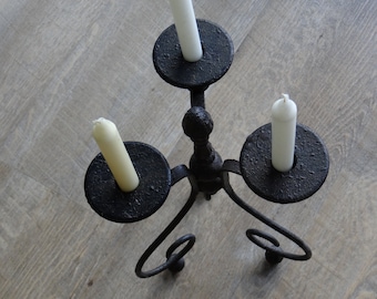 Vintage rusty iron candlestick, metal candle holder, 3-branch candelabra, chic country atmosphere, cozy charming decoration,