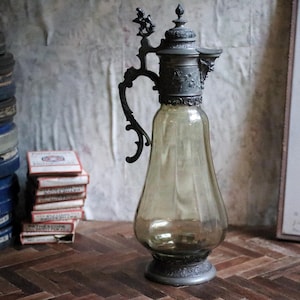 Antique Baroque  Glass and Pewter Carafe / Wine Decanter