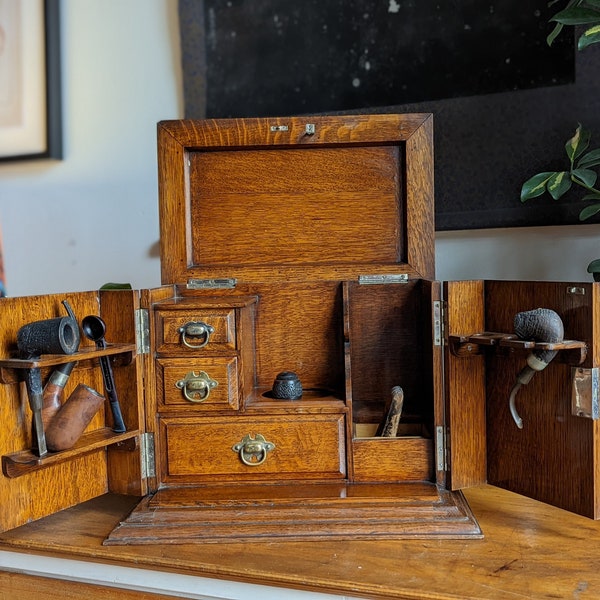 Antique Oak Smokers Cabinet With Pipes