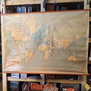 Very Large 1960's World Map Wall Chart / Hanging Map