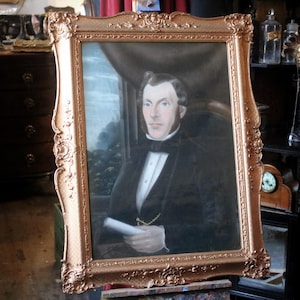 Large Antique Victorian Pastel Painting Portrait Gentleman in Gold Gesso Frame