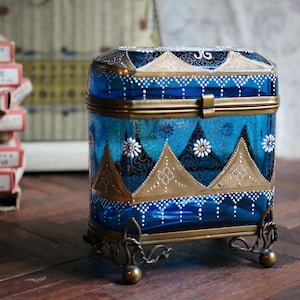 Antique Bohemian Moser Blue Glass Casket Box – Hand-Painted with Gilded Detail