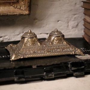 Ornate Antique Victorian Brass Double Inkwell