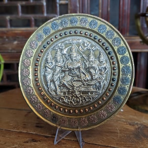 Antique Indian Hindu Copper Engraved Charger / Plate - Shashti