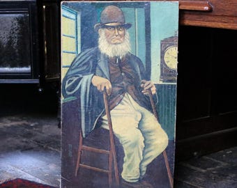 Vintage Folk Art Portrait Painting – Bearded Victorian Gentleman – Signed N R – Original Oil on Board