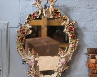 Vintage C.1950's Sherholtz Dresden Hand-Painted Porcelain Cherub Wall Mirror - VNP - Rose Garland Rococo - 63 x 24 cm