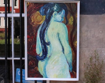 Vintage Expressionist Female Nude Painting – Blue Figure With Long Dark Hair – Impasto Oil Painting