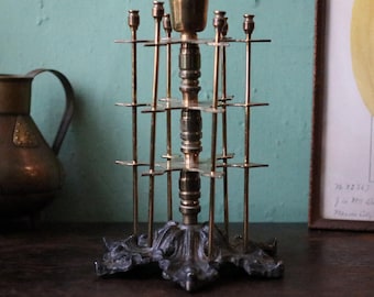 Antique Brass Cotton Reel Stand With Pin Cushion – Ornate Cast Metal Base – Sewing Bobbin Holder