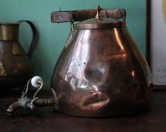 Antique Copper Water Kettle / Urn – Brass Tap and Wooden Handle – Kitchen Decor