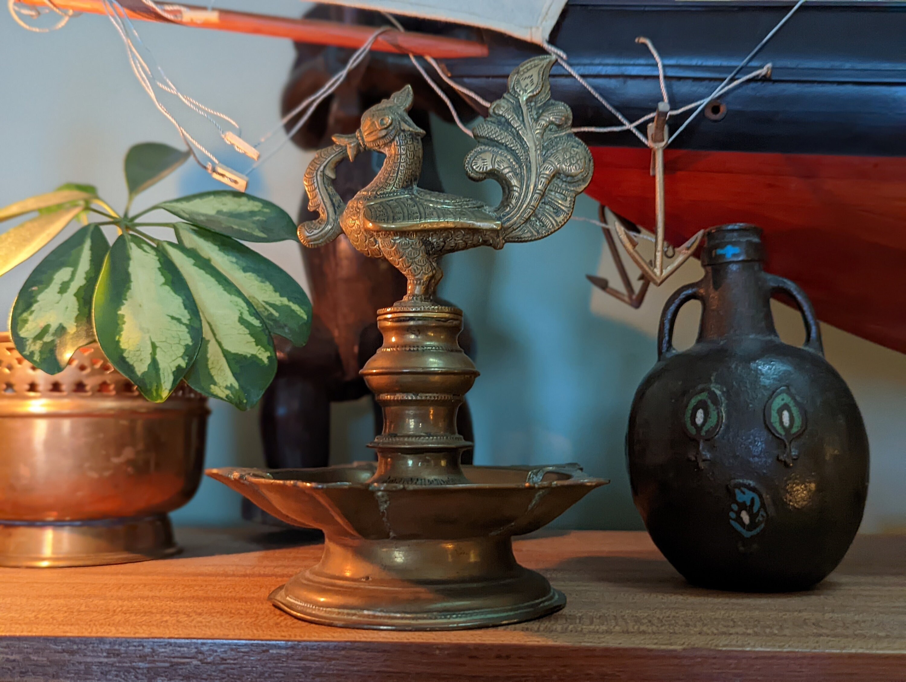 lampe à huile deccan antique en bronze indien