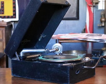 Gramófono portátil antiguo Columbia Graphophone No. 201 – Tocadiscos de cuerda con estuche – 39 x 28 x 17 cm