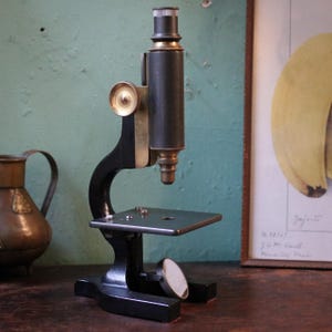 May include: A black metal microscope featuring a brass adjustment knob and a circular mirror at the base. The instrument has a vertical tube, a flat stage, and a curved support arm, showcasing a classic design with metallic accents and a dark finish.