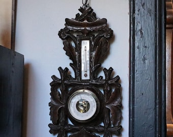 Antique Dutch Black Forest Carved Oak Barometer Thermometer - Working - Wall Hanging Weather Station