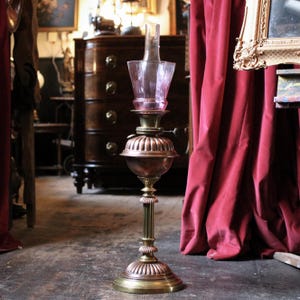 Large Antique Victorian Brass Column Oil Lamp Lantern