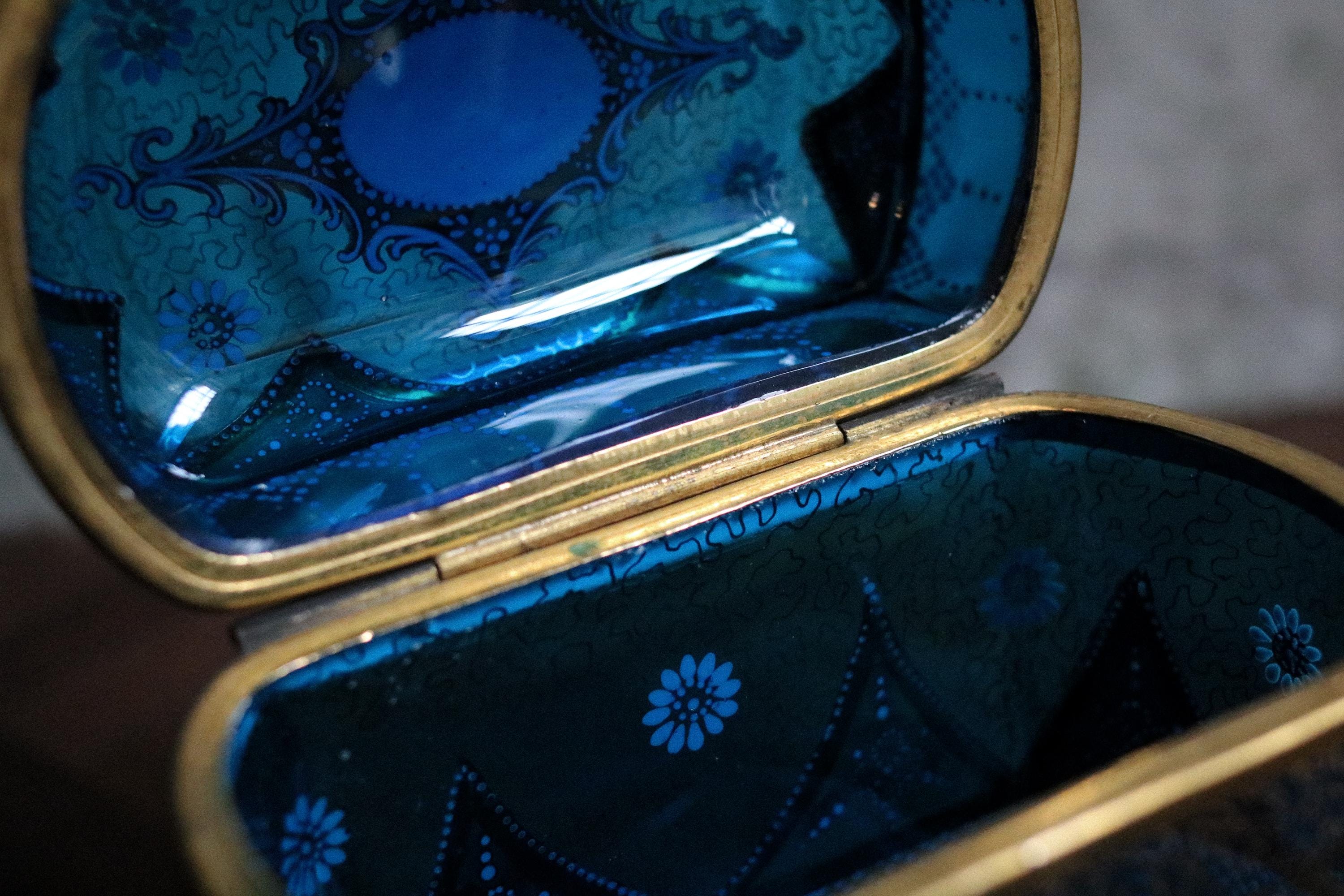 Antique Bohemian Moser Blue Glass Casket Box – Hand-painted With