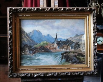Antique Alpine Village Watercolour Landscape Painting – Ornate Gilt Frame – Mountain Scene – 67 x 53cm