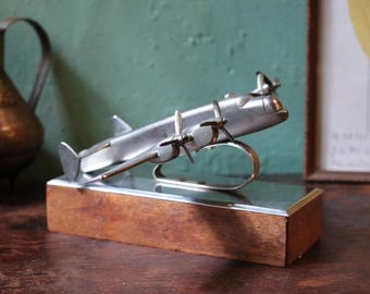 Vintage Cast Metal Avro Lancaster Bomber Desk Model – Wooden Plinth – Aviation Display