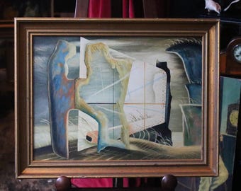 Vintage Surrealist Abstract Oil Painting – In The Style Of John Tunnard – Framed Mid-Century Art