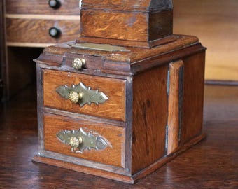 Antique Oak Smoker’s Cabinet – Concealed Locking Drawers – Tin-Lined Tobacco Box – Edwardian c.1900