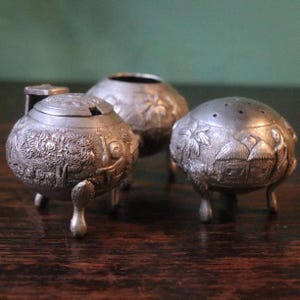 Antique Burmese Silver Condiment Pots / Set